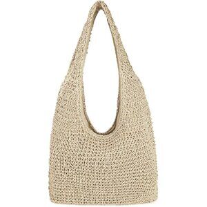 Women's Beige Large Straw Beach Bag Handmade Woven Shoulder Hobo Tote Handbag